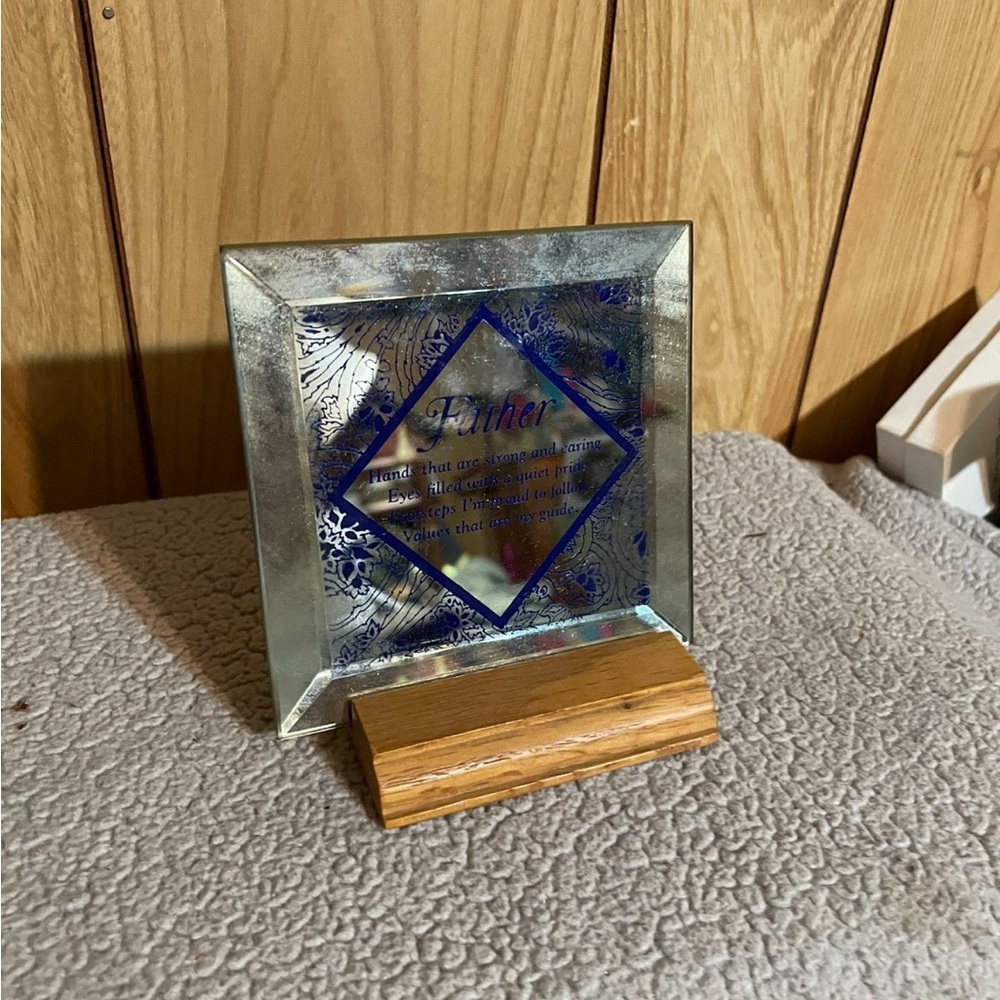 Roma Silver and Blue Glass Art with Wooden Base